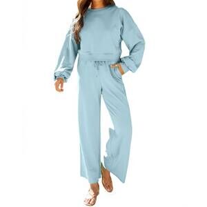 NEW AAPPARELLA crewneck terry top with wide leg raw edge bottoms set in baby blu
